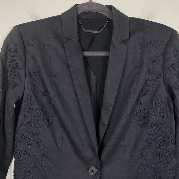 Elie Tahari Linen Blend Blazer Jacket Size 4 Navy Embroidered Eyelet Career Boho - Picture 4 of 11